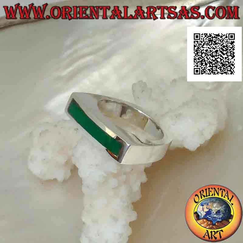 Smooth silver ring with long and narrow horizontal rectangular green agate on square frame