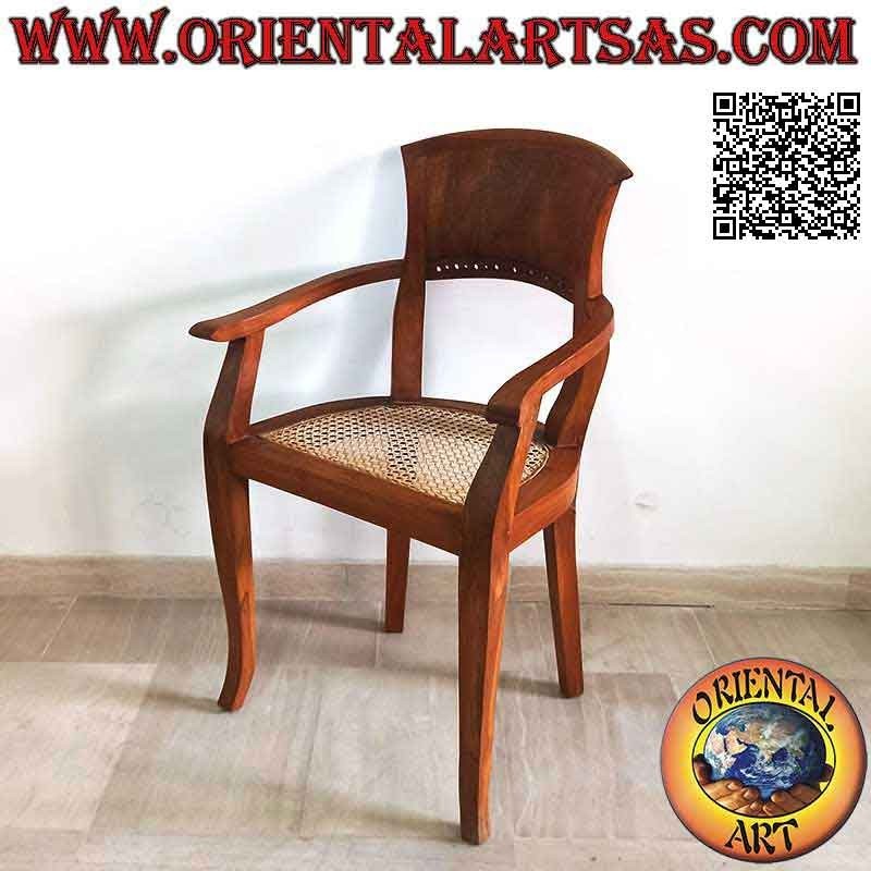 Fauteuil avec accoudoirs en Italie de style baroque en bois de teck et assise en paille de Vienne