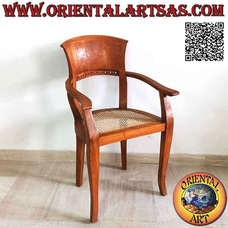 Fauteuil avec accoudoirs en Italie de style baroque en bois de teck et assise en paille de Vienne