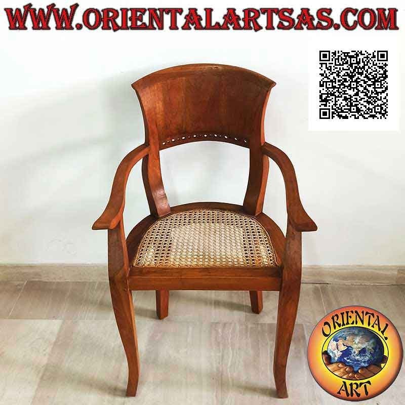 Sillón con reposabrazos en Italia de estilo barroco en madera de teca y asiento en paja de Viena