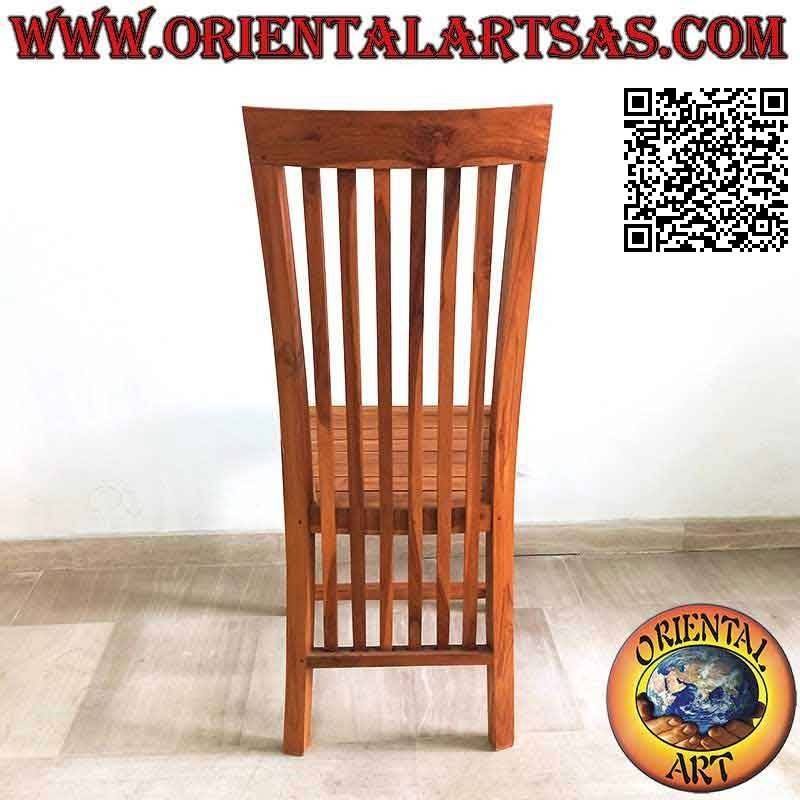 High-back chair with parallel vertical striped bands in teak wood