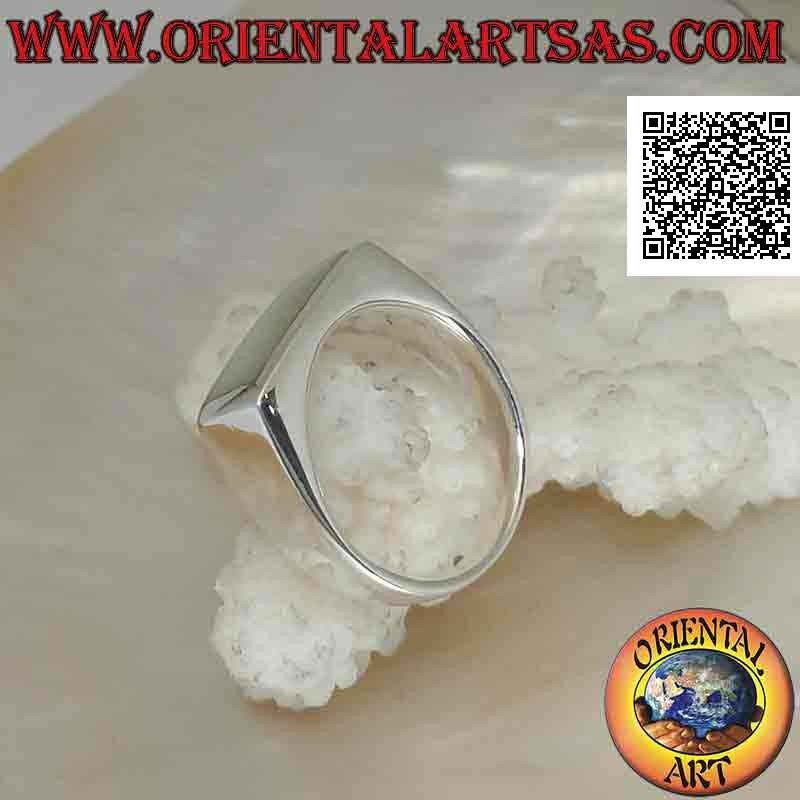 Silver ring with horizontal rectangular mother-of-pearl flush with the edge on a smooth frame