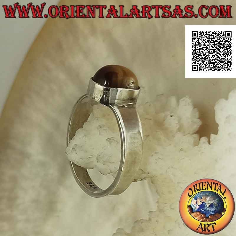 Anillo de plata con ojo de tigre ovalado cabujón en engaste liso