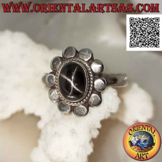 925 Silver Black Star oval cabochon ring with interweave and studs. Unique handcrafted piece.