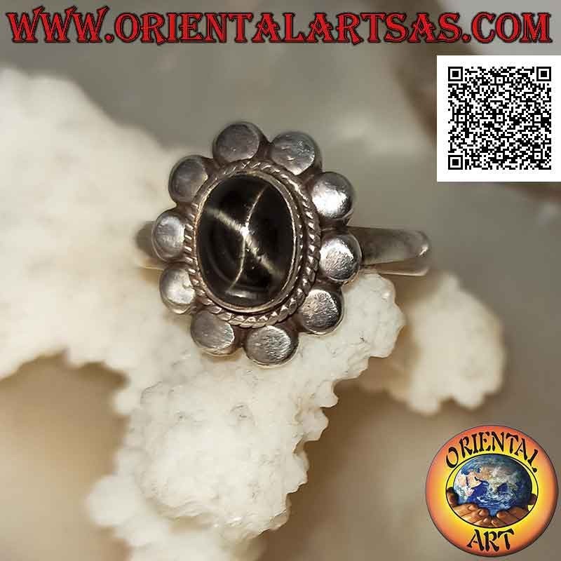 Bague Argent Black Star Ovale Cabochon Entrelacs Clous
