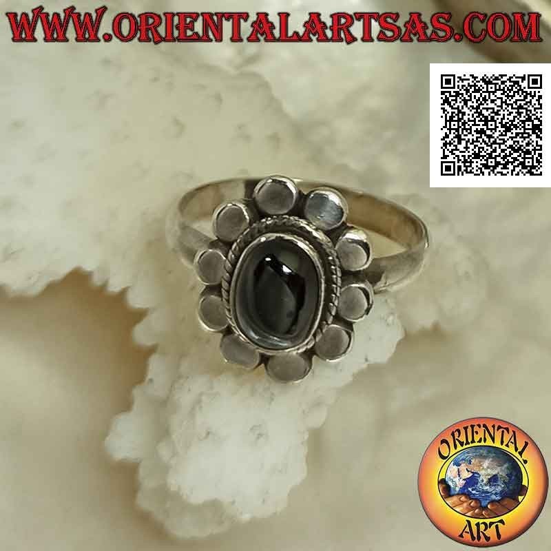 925 Silver Black Star Oval Cabochon Ring Interweave Studs