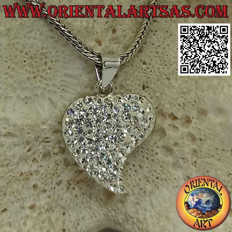 Ciondolo in argento, cuore con punta allungata tempestato di micro-strass bianchi