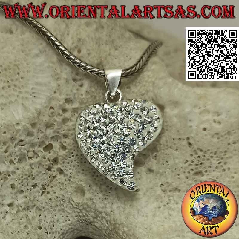 Pendentif en argent, coeur à pointe allongée parsemée de micro-strass blancs