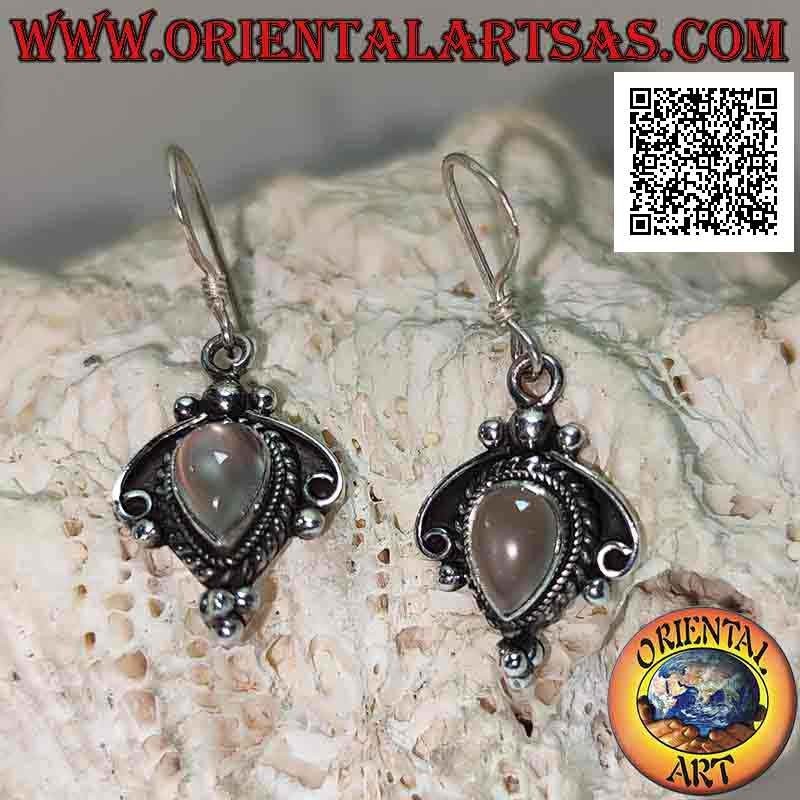Silver earrings with inverted drop moonstone and interweaving decorations, bow and balls