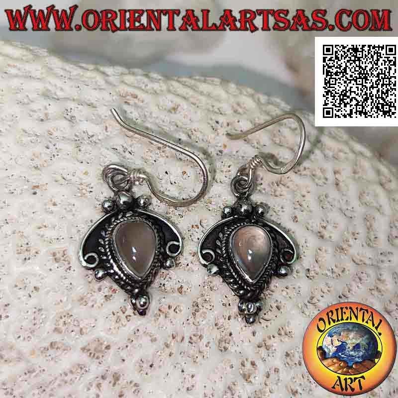 Pendientes de plata con piedra lunar de gota invertida y adornos, lazo y bolas entrelazados