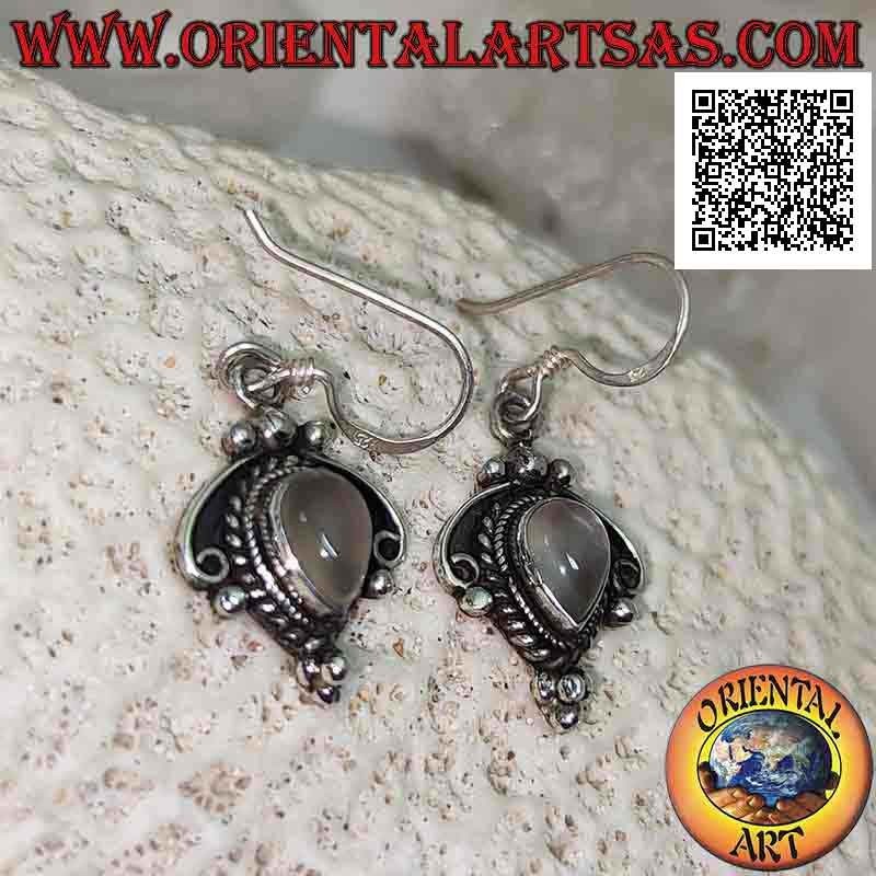 Pendientes de plata con piedra lunar de gota invertida y adornos, lazo y bolas entrelazados