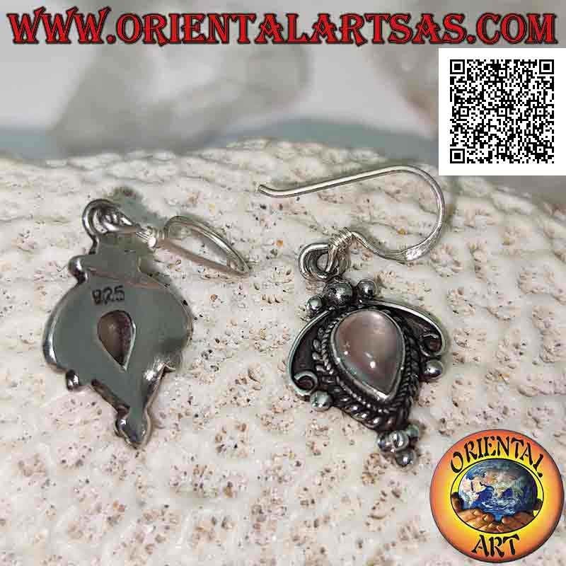 Boucles d'oreilles en argent avec pierre de lune goutte inversée et décorations entrelacées, noeud et boules