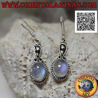 Silver earrings with cabochon oval rainbow moonstone surrounded by balls
