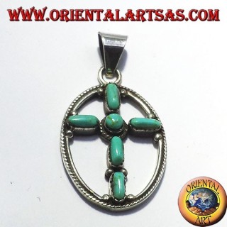 silver pendant cross with six turquoise