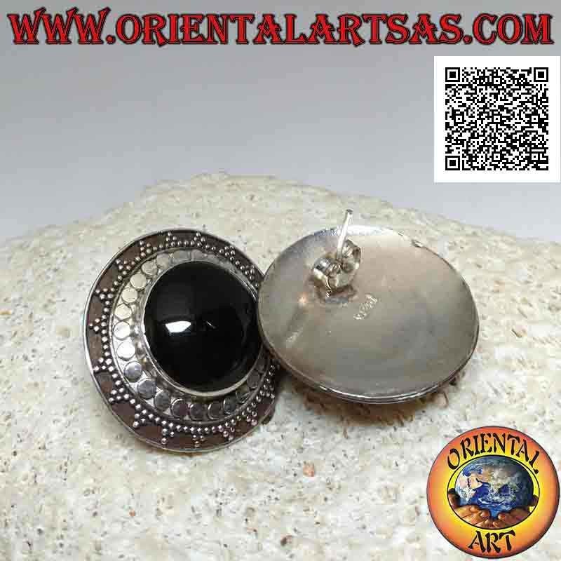 Silver earrings from lobe to shield with round cabochon onyx surrounded by balls and studs