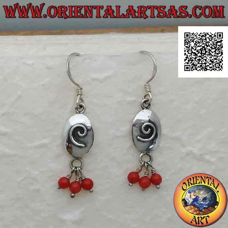 Silver leverback earrings, oval with embossed spiral and three dangling coral beads