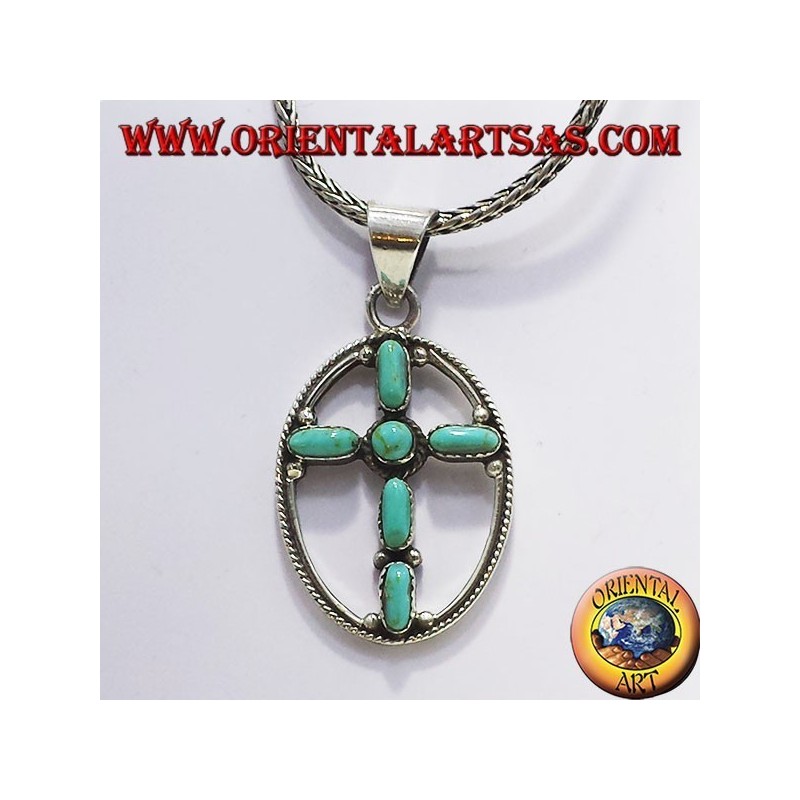 argent croix pendentif avec six turquoise
