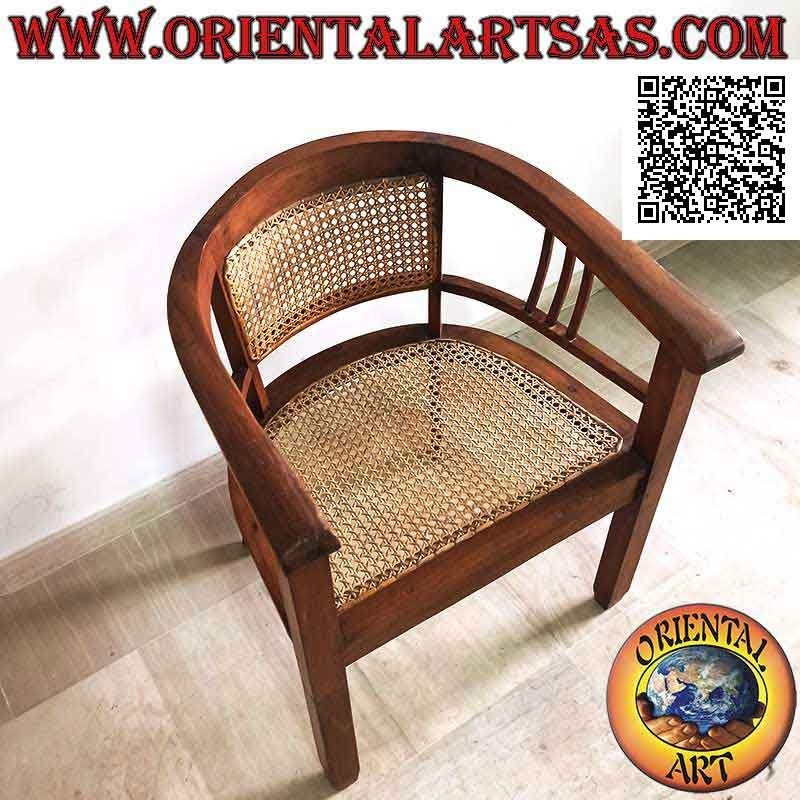 Fauteuil rond en bois de teck avec assise et dossier en paille de Vienne (triple sangle)