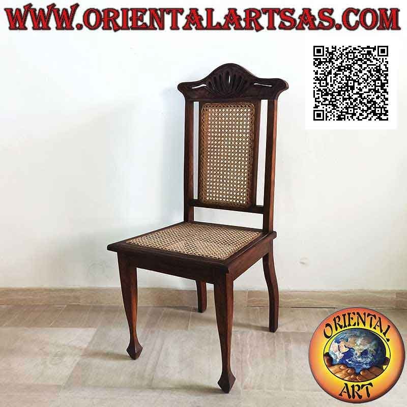 Chaise de style colonial avec fleur de lotus, en bois de teck et assise et dossier en paille de Vienne