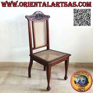 Colonial style chair with lotus flower, in teak wood and Vienna straw seat and back