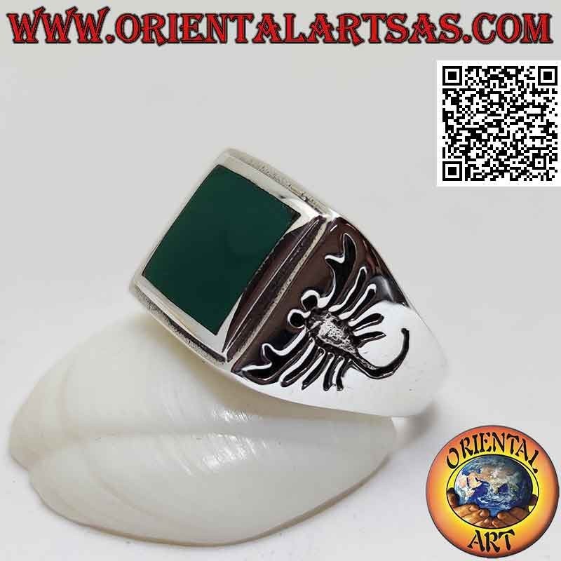 Silver ring with flush square green agate and scorpion engraved on the sides