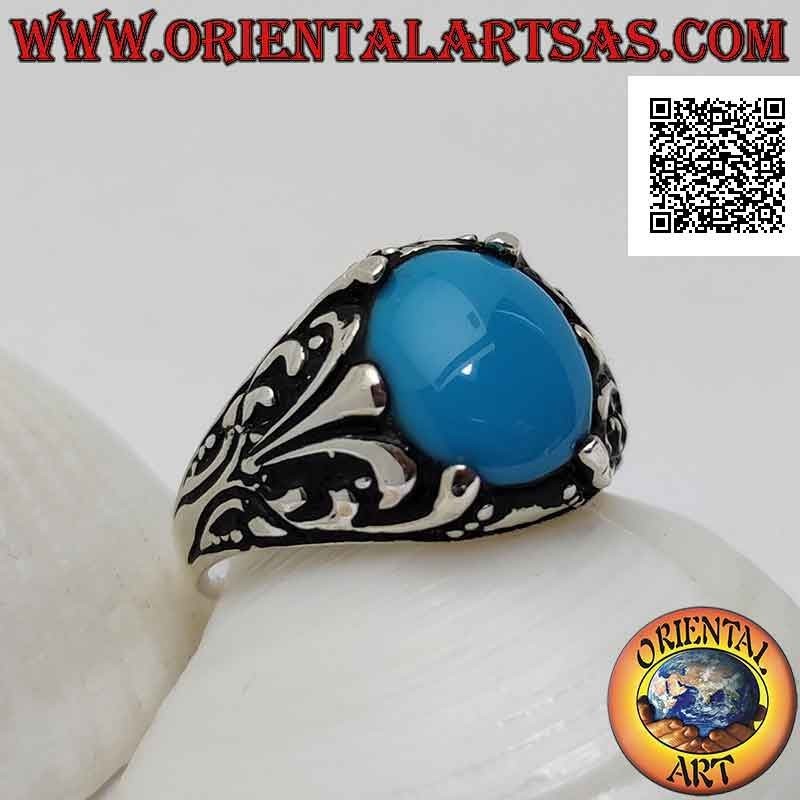 Silberring mit ovalem Cabochon-Türkis, besetzt mit Blumendekor und Lilie an den Seiten