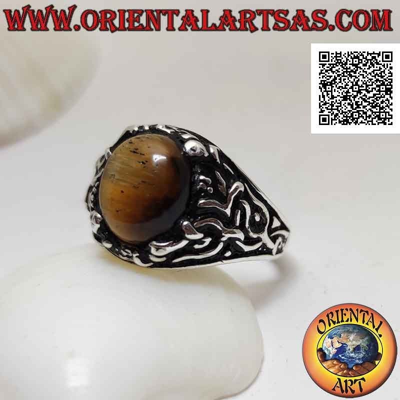 Bague en argent avec oeil de tigre ovale cabochon serti d'un décor floral sur les côtés