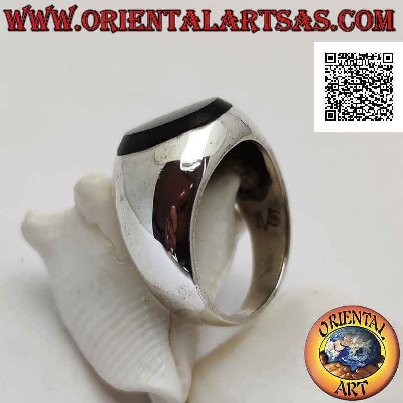 Smooth convex silver ring with raised flat oval onyx with double protruding edge