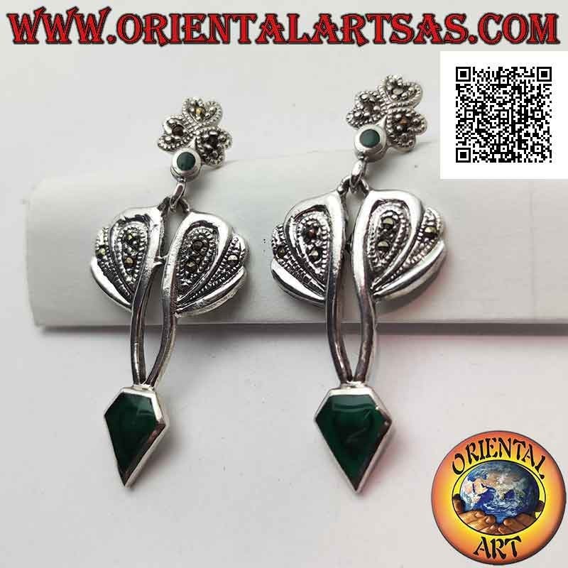 Boucles d'oreilles en argent avec agate verte en forme de diamant et monture en marcassite