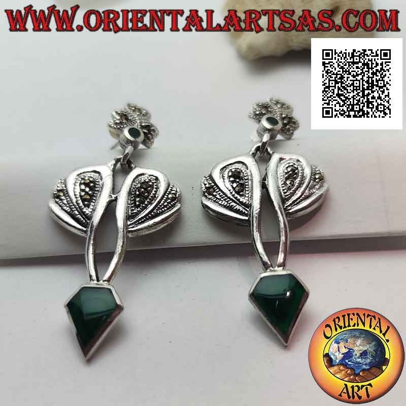 Silver earrings with green agate in the shape of a diamond and mounting with marcasite