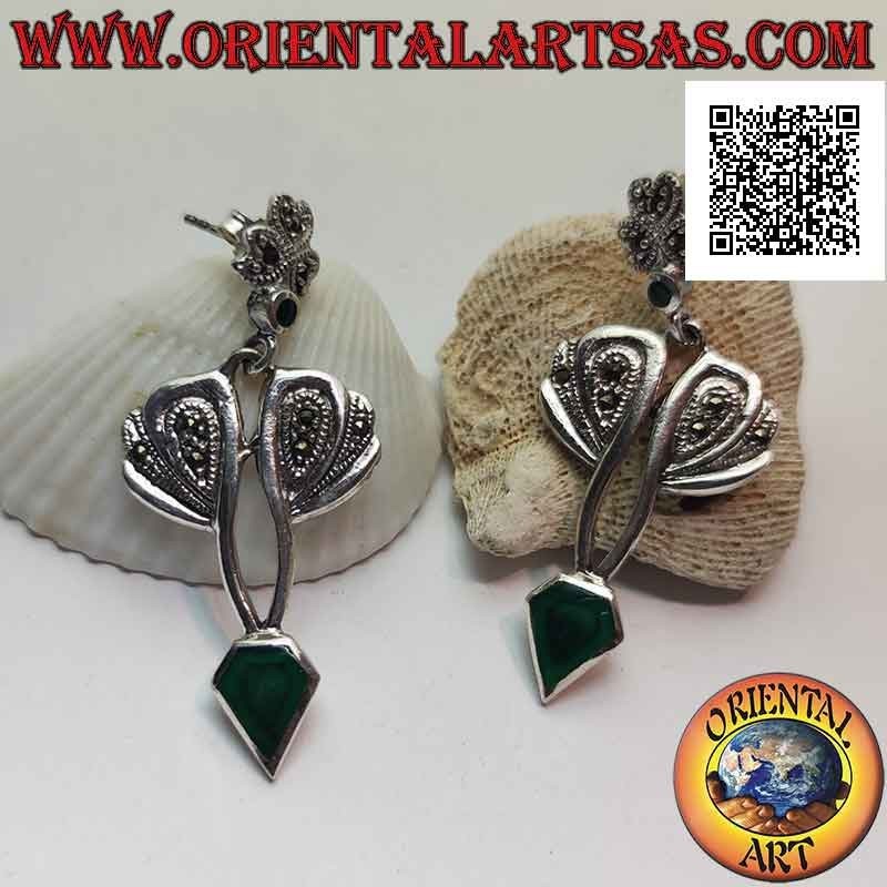 Pendientes de plata con ágata verde en forma de diamante y montura con marcasita