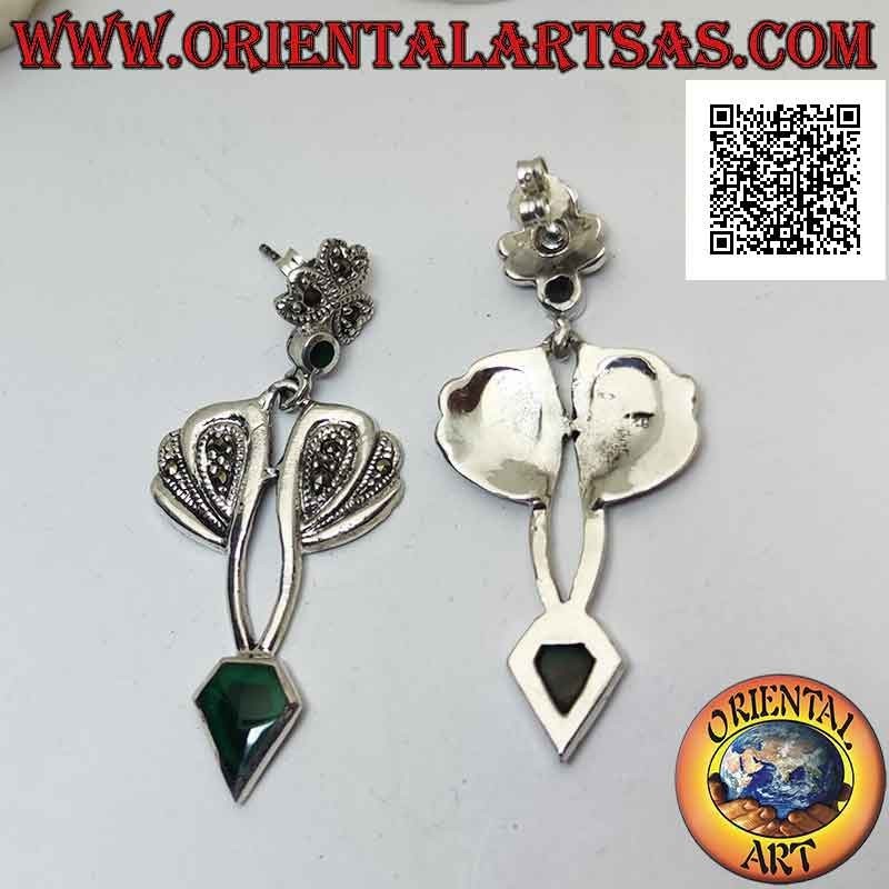 Boucles d'oreilles en argent avec agate verte en forme de diamant et monture en marcassite