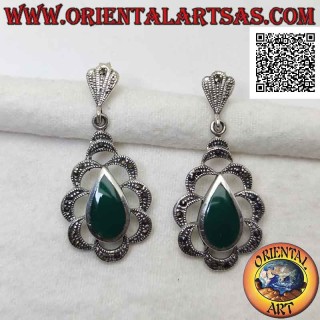 Silver earrings with green agate drop-shaped flush with the edge surrounded by arches of marcasite