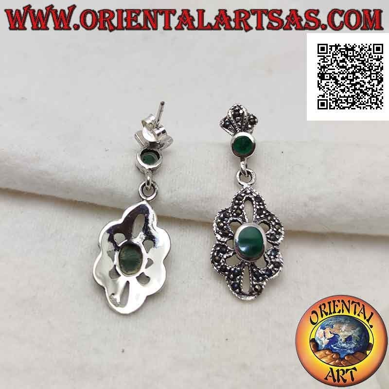 Boucles d'oreilles en argent avec pendentif nuage ajouré avec agate ovale centrale et marcassite