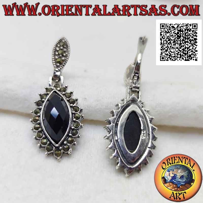 Silver earrings with faceted shuttle onyx surrounded by embedded marcasite (lever lock)