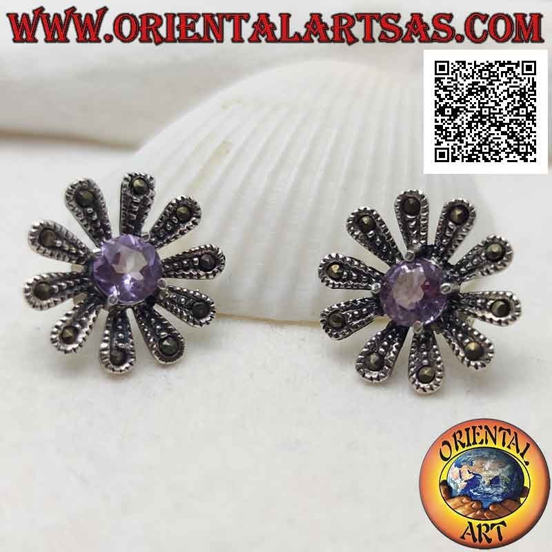 Grandes boucles d'oreilles lobe en forme de marguerite en argent parsemées de marcassite et d'améthyste ronde centrale