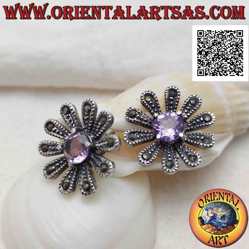Grandes boucles d'oreilles lobe en forme de marguerite en argent parsemées de marcassite et d'améthyste ronde centrale