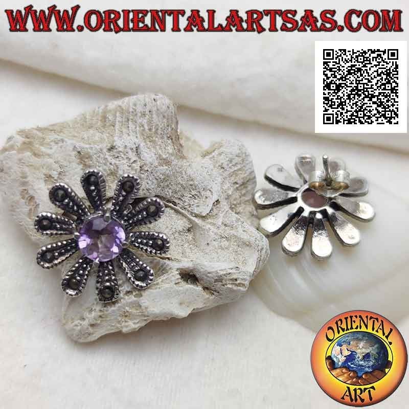 Large daisy-shaped lobe earrings in silver studded with marcasite and central round amethyst