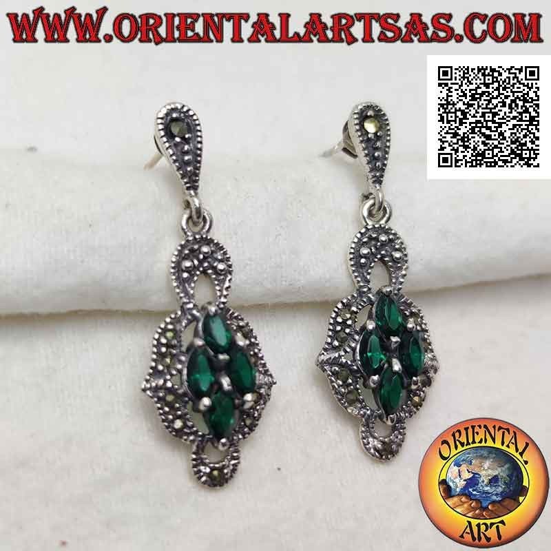 Silver lobe earrings with rhomboid composition of 4 synthetic shuttle emeralds surrounded by marcasite