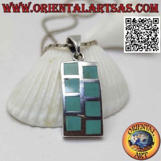 Pendentif rectangulaire en argent lisse avec huit carrés de turquoise alternés