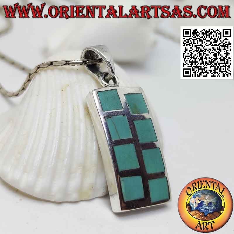 Colgante de plata rectangular liso con ocho cuadrados turquesas alternados