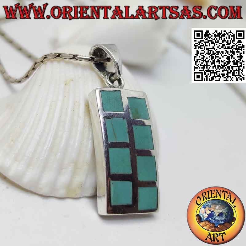Colgante de plata rectangular liso con ocho cuadrados turquesas alternados