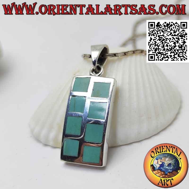 Smooth rectangular silver pendant with eight alternating turquoise squares