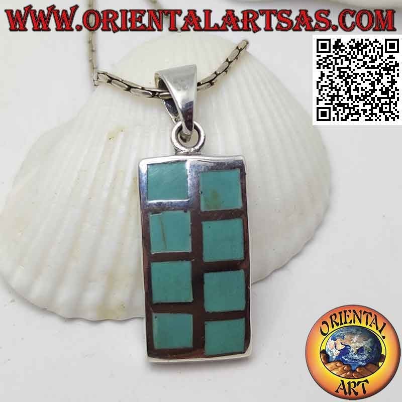 Smooth rectangular silver pendant with eight alternating turquoise squares