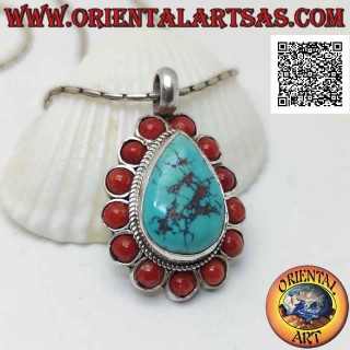 Ciondolo in argento con turchese tibetano naturale a goccia contornato da intreccio e coralli antichi tondi
