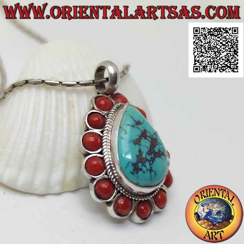 Silver pendant with natural drop-shaped Tibetan turquoise surrounded by intertwining and round ancient corals