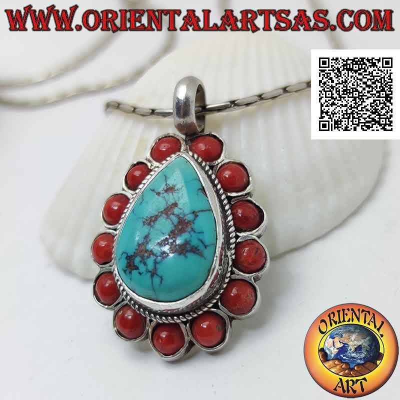 Colgante de plata con turquesa en forma de lágrima tibetana natural rodeada de antiguos corales redondos