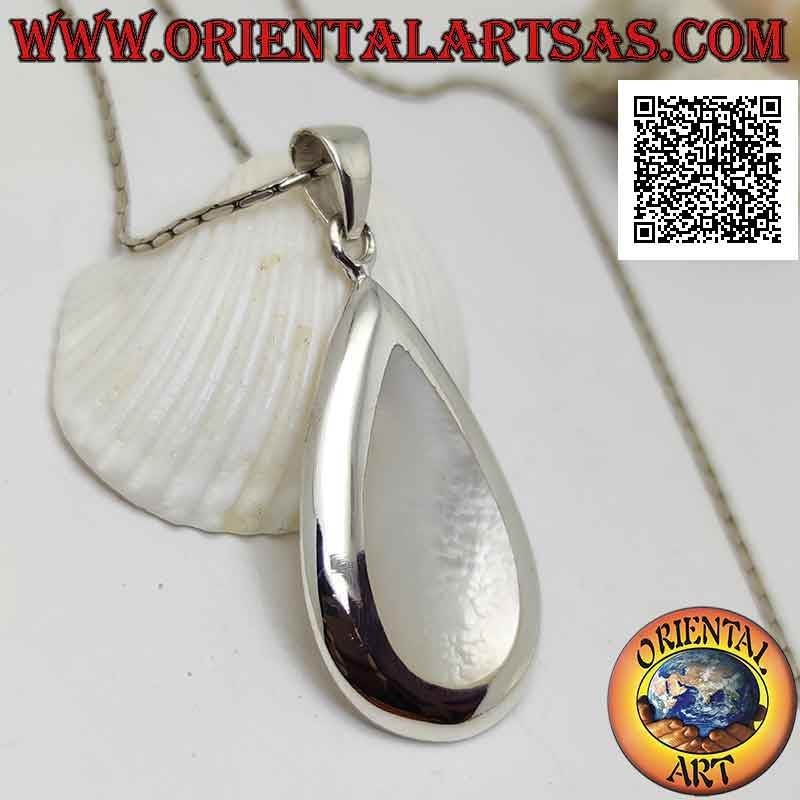 Pendentif en argent avec nacre en forme de poire sertie au ras du bord sur une monture lisse