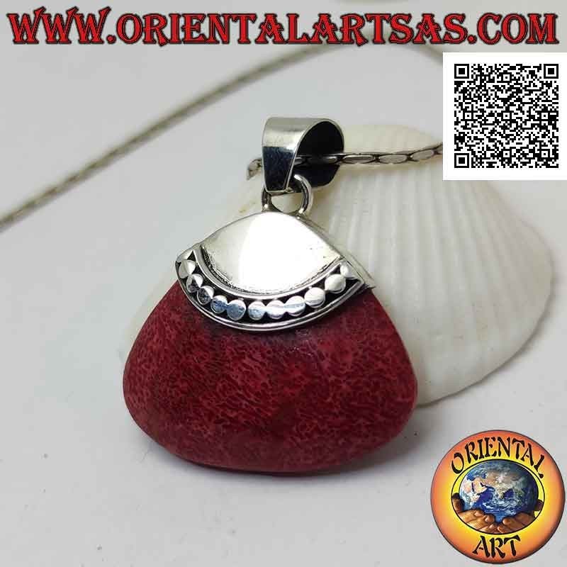 Silver pendant with red madrepora (coral) with rounded trapezoid and smooth hook with a row of studs