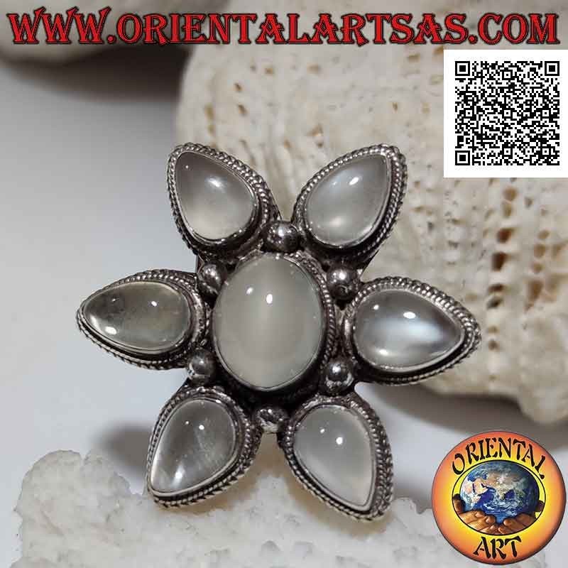 Colgante broche de plata, estrella de seis puntas de piedra lunar en forma de lágrima y óvalo central horizontal